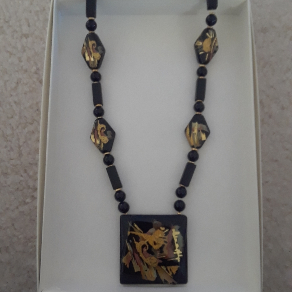 Ruby Jane Japanese Hand Painted Black Lacquer Beaded Neclaces
